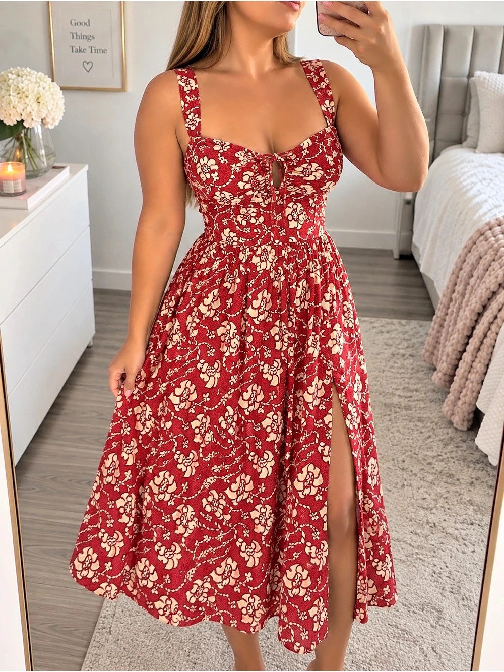 Floral Midi Dress in Red & Cream Size Small Like New